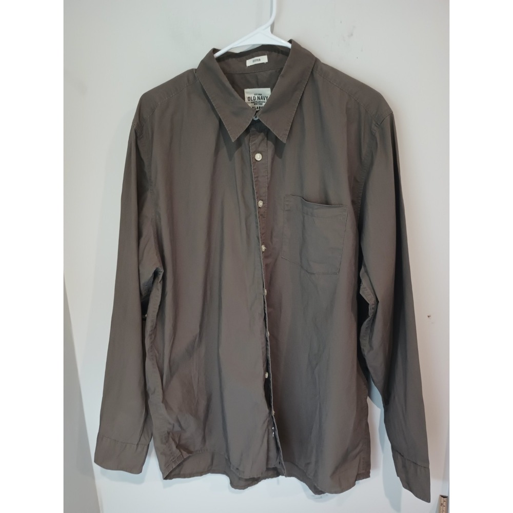 Old Navy Mens XL Shirt Button Front Long Sleeve Olive Brown Fitted Cotton Pocket